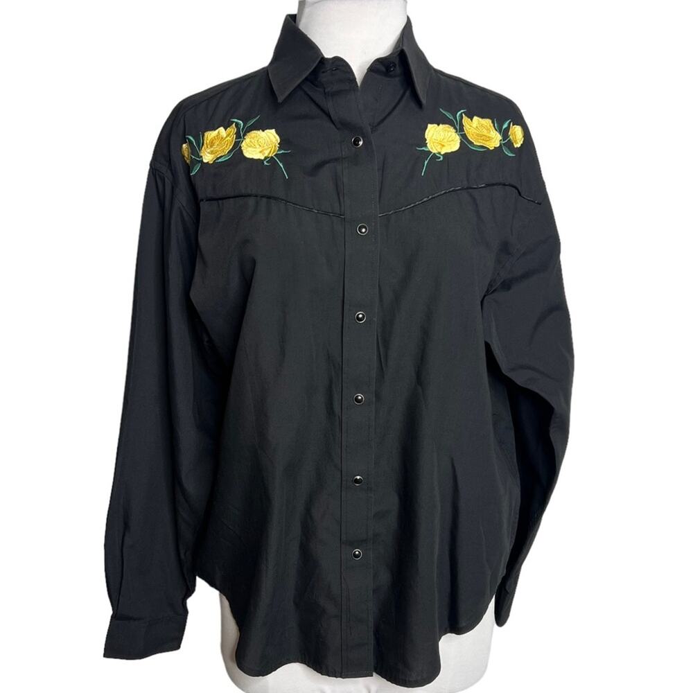 VINTAGE White Horse embroidered yellow rose western snap down shirt black sz M